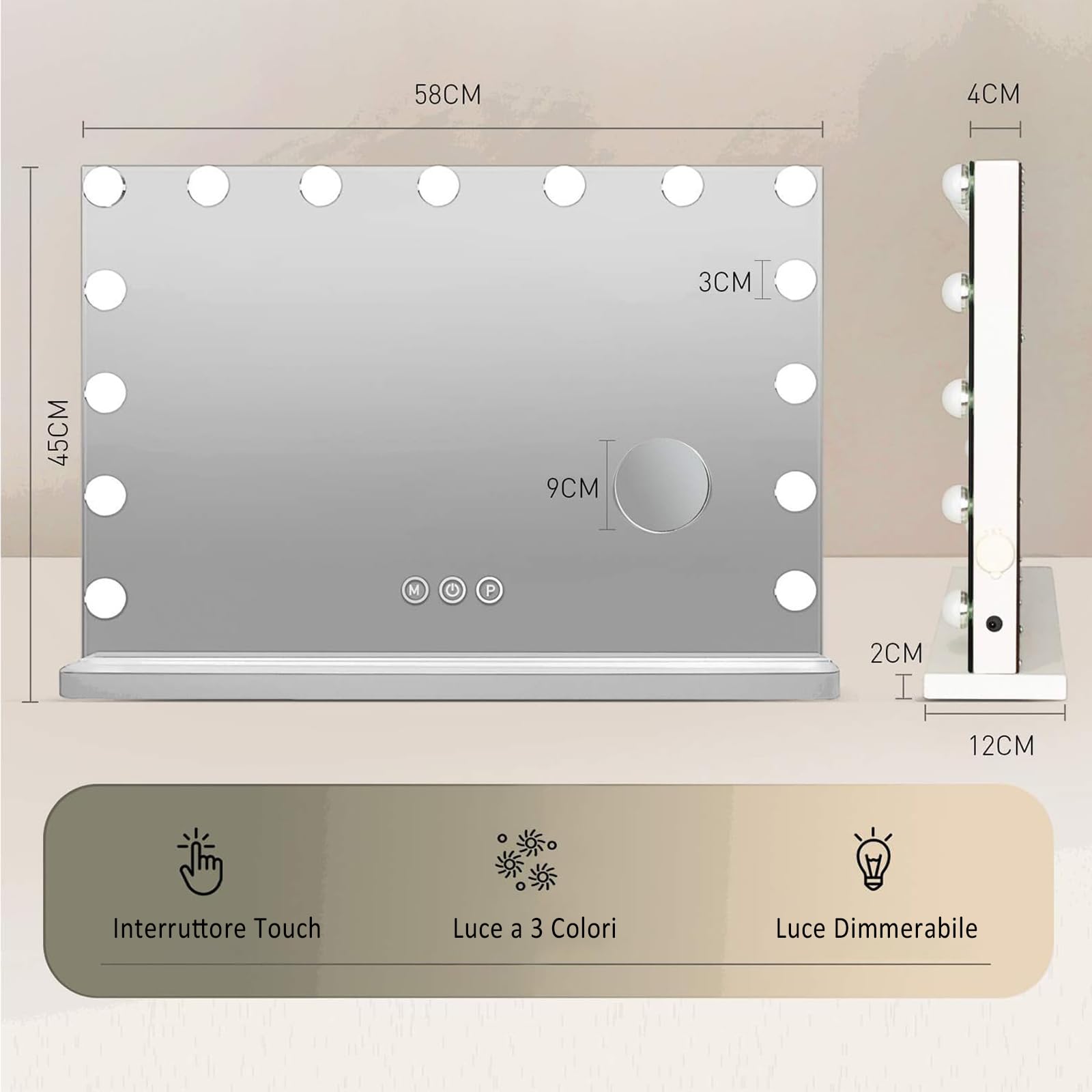 YU YUSING Specchio Trucco con Luci Hollywood, 58X45cm Specchio 15 Lampadine Led Trucco USB, 3 Temperature di Colore, Specchio da Tavolo 10X, Specchio Cosmetico da Parete, Controllo Tattile, Bianco