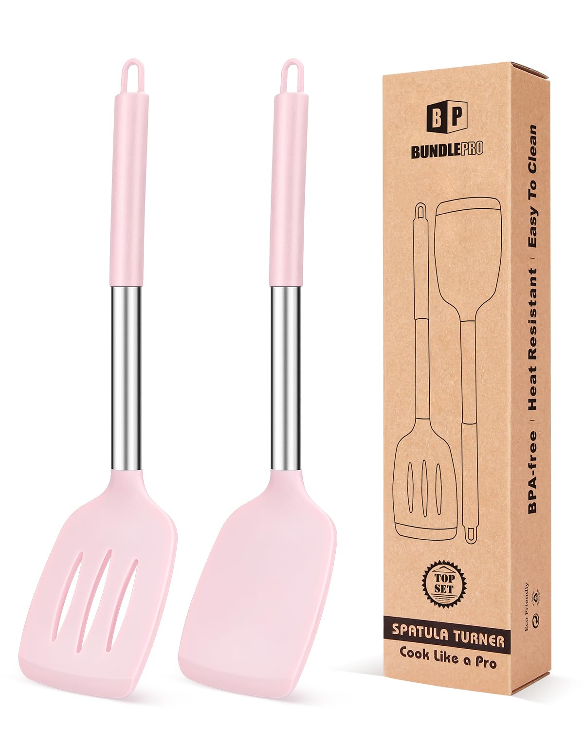 Lot De 2 Spatules En Silicone Avec Manche En Bois - Résistantes à La Chaleur (jusqu'à 230°C) | Pour Crêpes, Œufs, Poissons