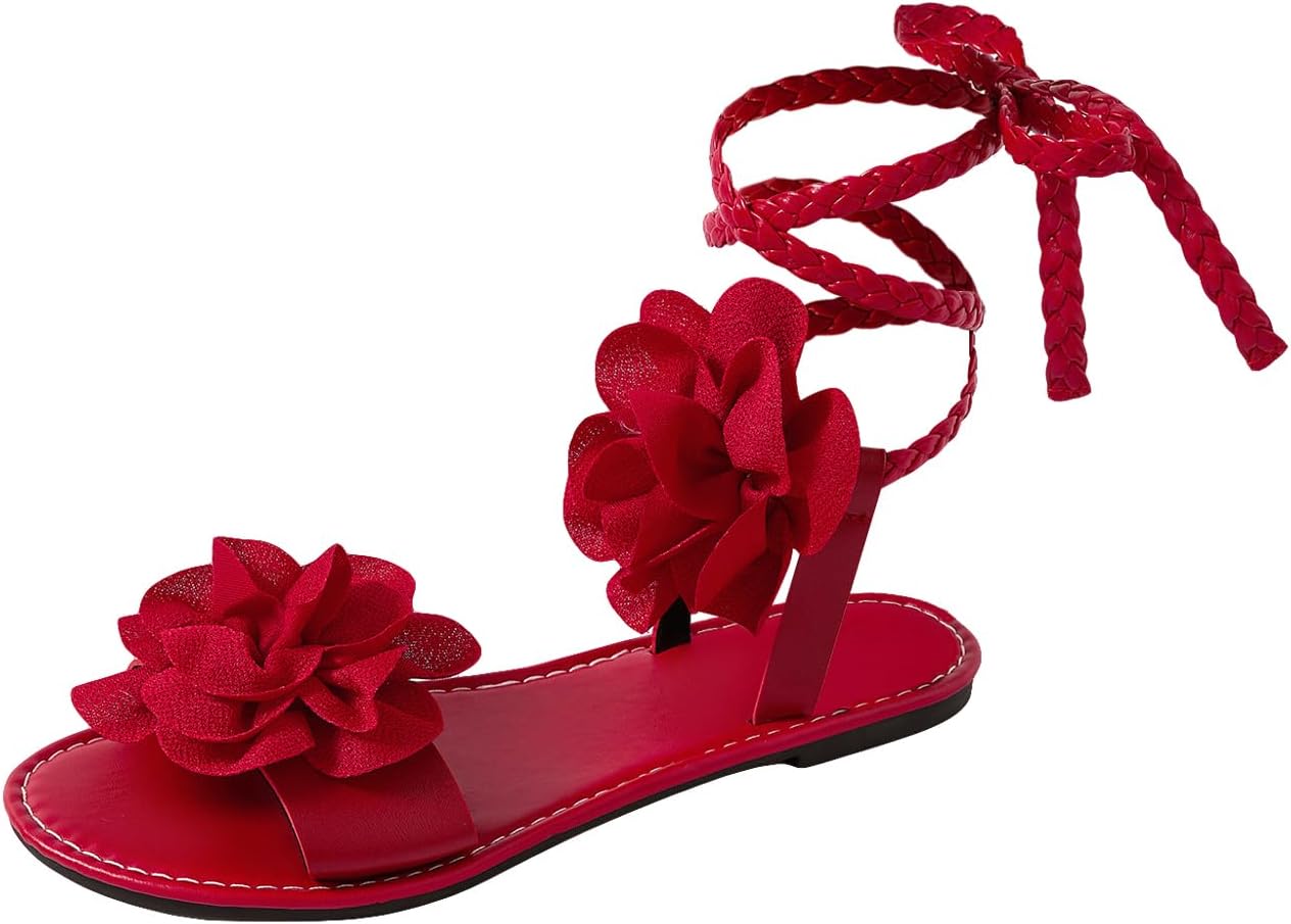 GORGLITTER Women's 3d Flower Lace Up Sandals Floral Braided Open Toe Strappy Tie Up Beach Slide Shoes 2025