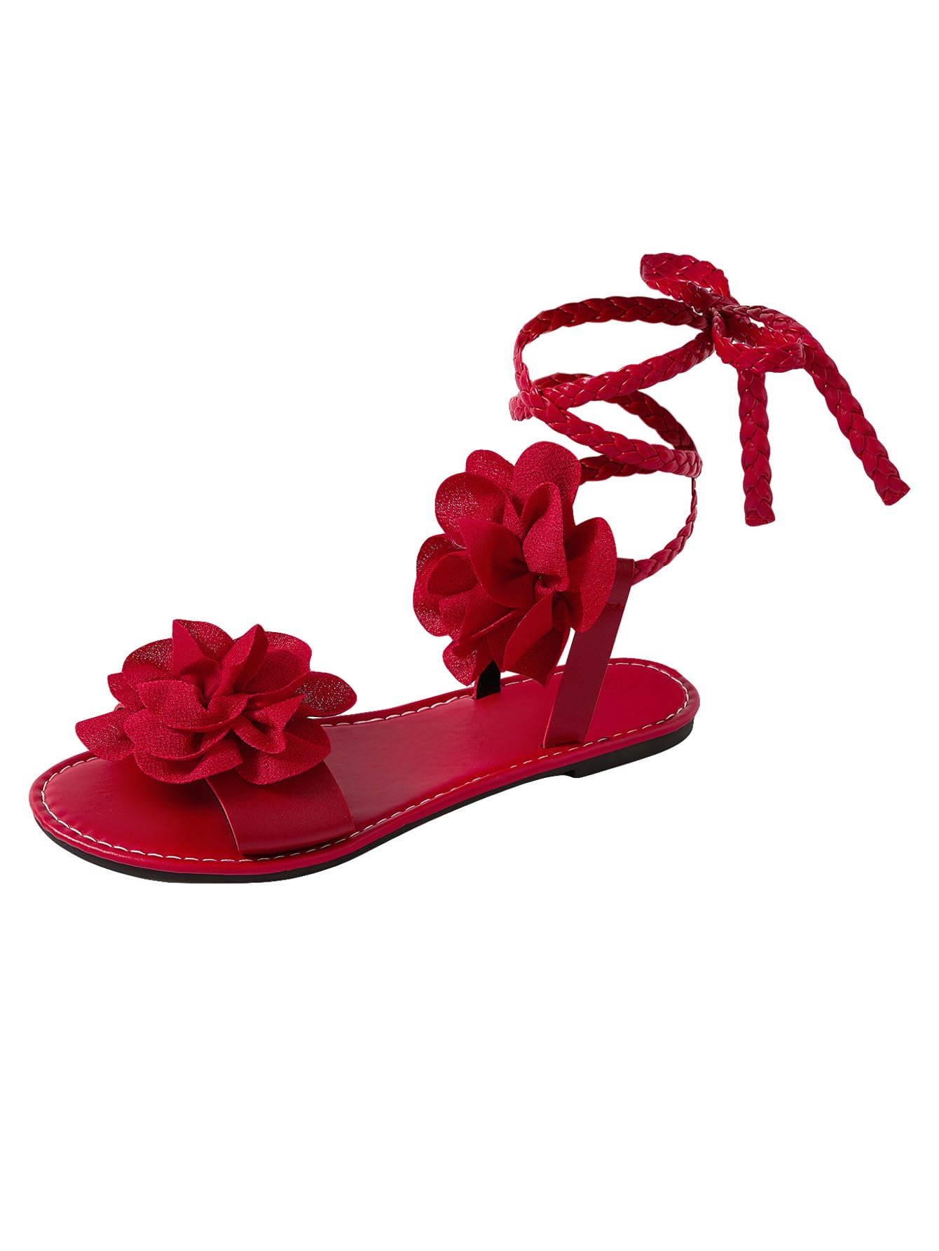 GORGLITTER Women's 3d Flower Lace Up Sandals Floral Tie Up Flat Slides | Summer Beach Vacation Slide Shoes, Dressy Open Toe Braided Sandals, Cute Going Out Sandals