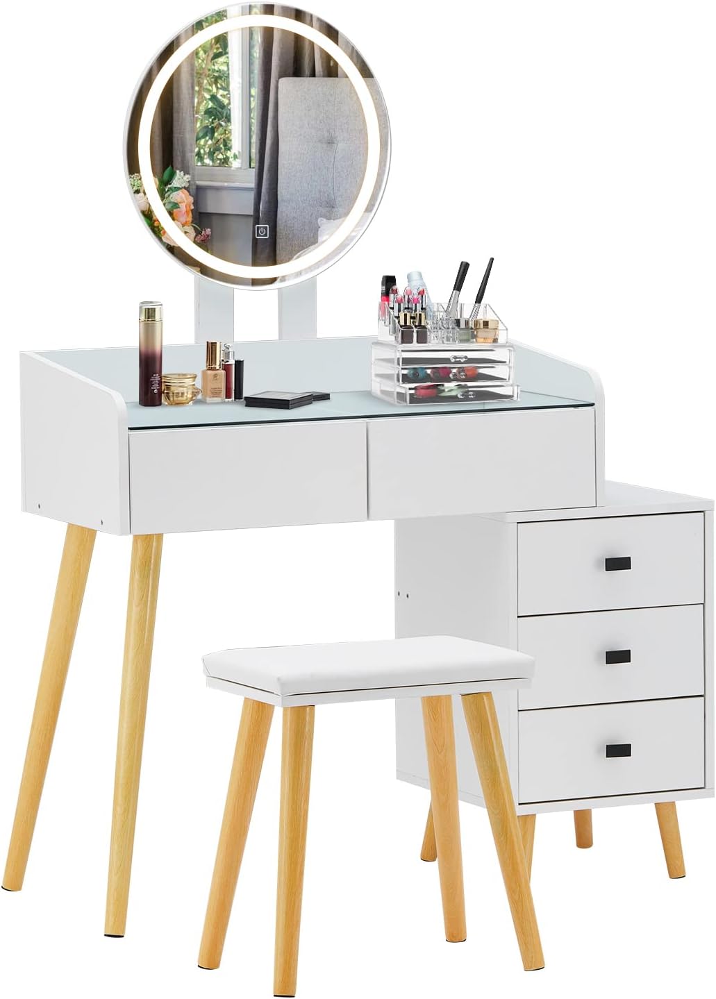 LEMROE Hollywood Mirror Dressing Table with Tempered Glass Top Vanity