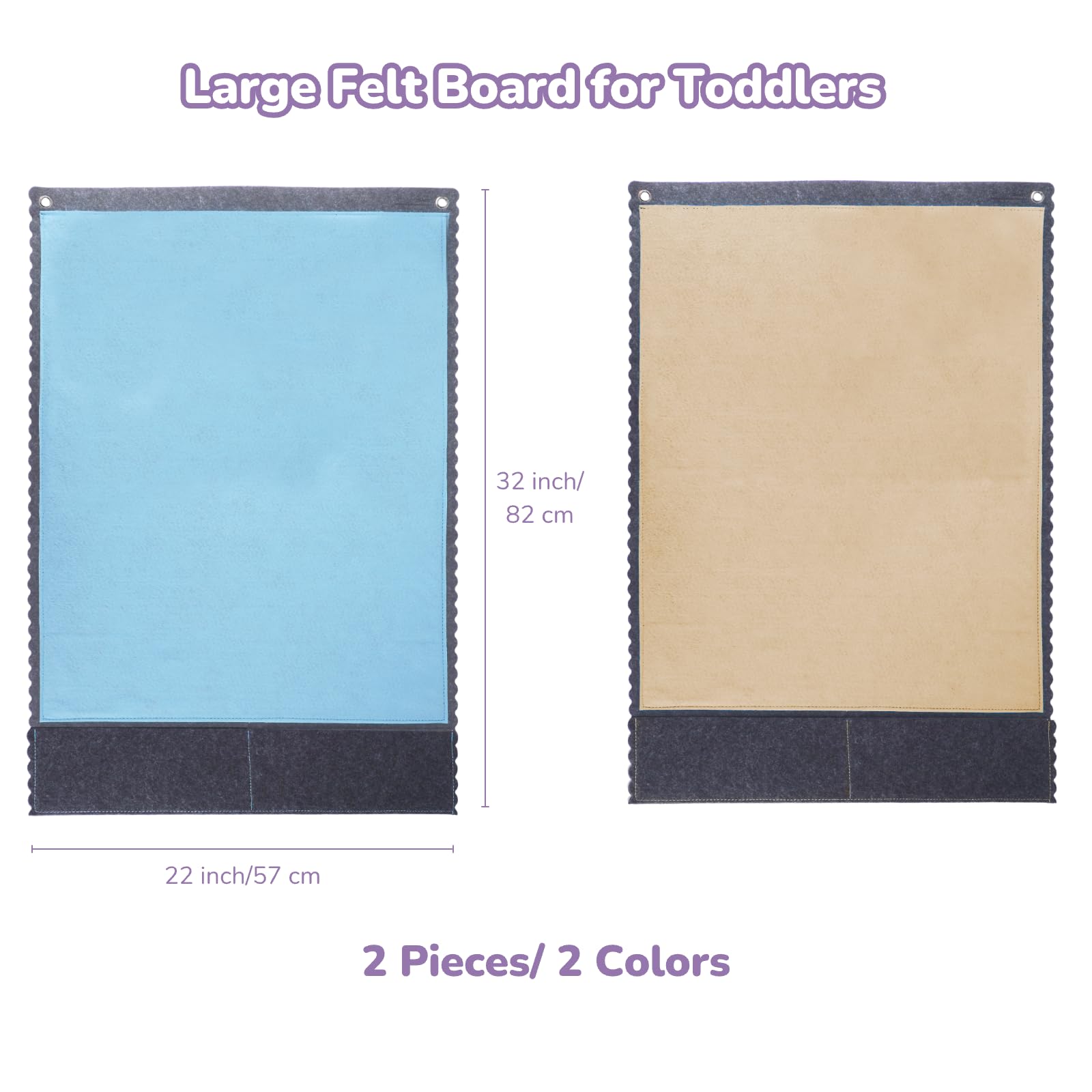 CHEFAN 2 PCS Felt Board for Toddlers Large Flannel Board for Wall, Felt Stories Learning Board with 2 Storage Pocket for Preschool Classroom and Daycare, 32 * 22 Inch, Blue and Brown