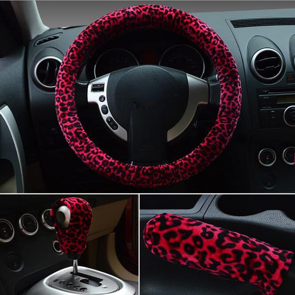 D-CC Classic Leopard Printed Steering Wheel Cover Short Plush Anti-Slip Odorless Universal 15 Inch Wheel Protector (B, Rose)
