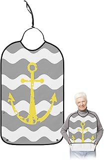 BOBOWUNY Grey Ripple Adult Bibs for Elder Women Men Eating, Yellow Anchor Gray White Waves Aesthetics Waterproof & Washable Bibs for Eating Clothing Protector Dining Bibs for Crumb Catcher
