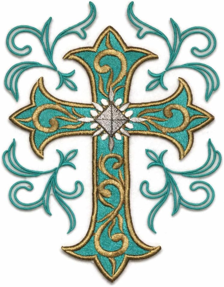 [Custom] Holy Sacred Cross with Nature's Bounty [Cross and Filigree Swirls] Embroidery Iron On/Sew Patch [7" x 4.7"][Made in USA]