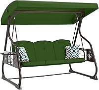 ZZW 3-Seat Patio Porch Swing with Stand, 800 LBS Capacity, Canopy, Adjustable Backrest, Removable Pillows, Foldable Trays - Green Outdoor Glider for Deck Garden