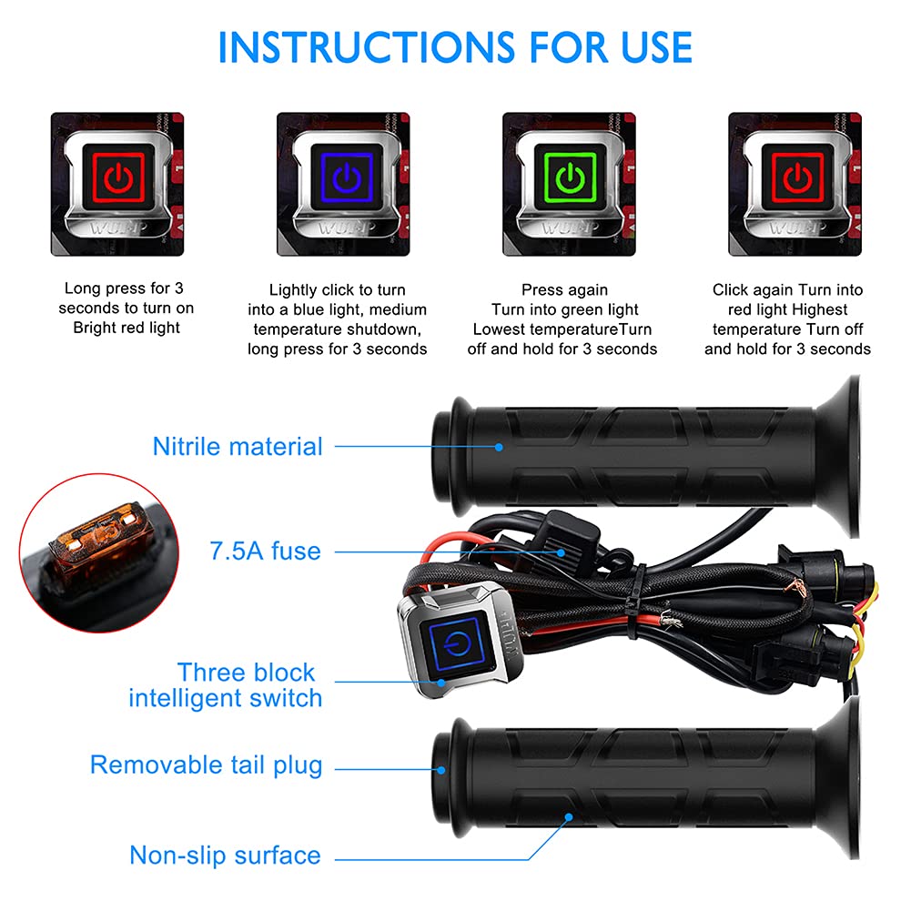 Empuñaduras de motocicleta con calefacción eléctrica para manillar ATV de 22 mm de diámetro, empuñaduras de manillar con termostato inteligente uniVe/r*sal, color negro