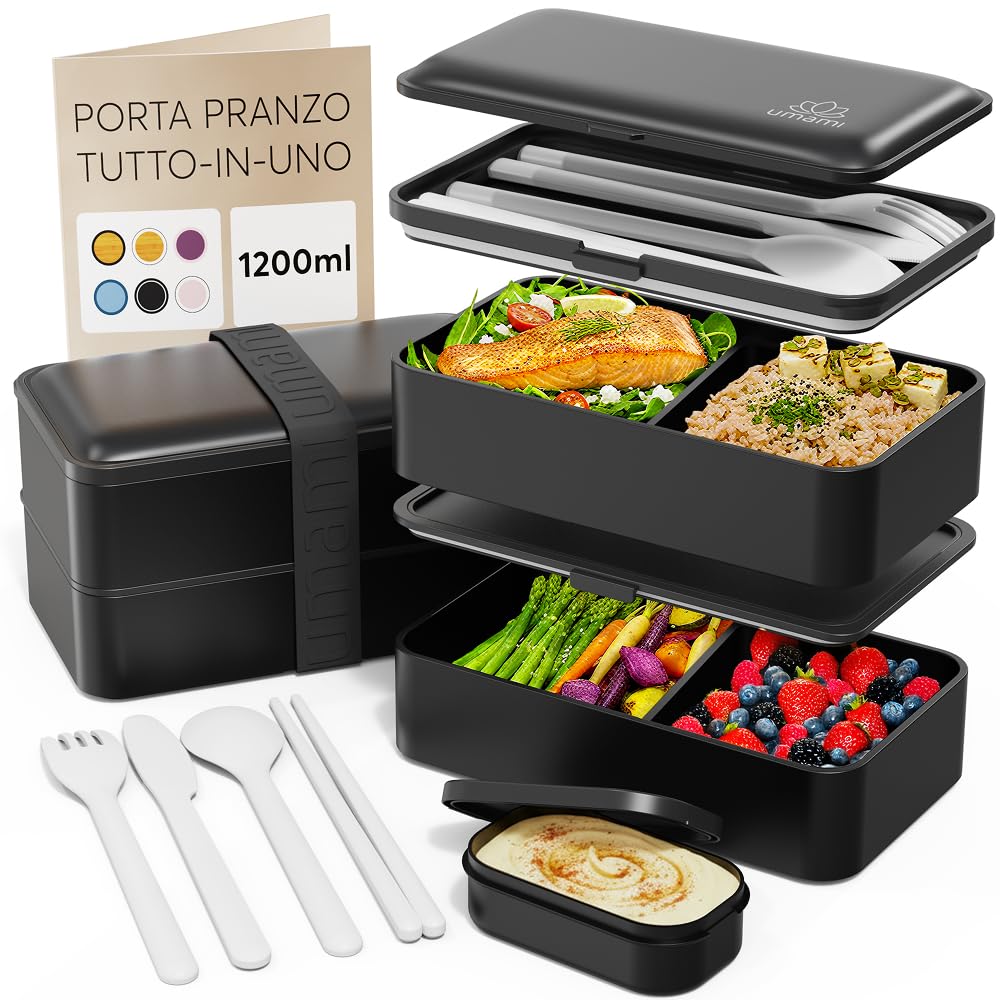 Umami Porta Pranzo, Sicuro per Microonde, Lavastoviglie, Portapranzo Ufficio, Bento Lunchbox Prova di Perdite per Adulti, Nero Opaco, 1200 ml