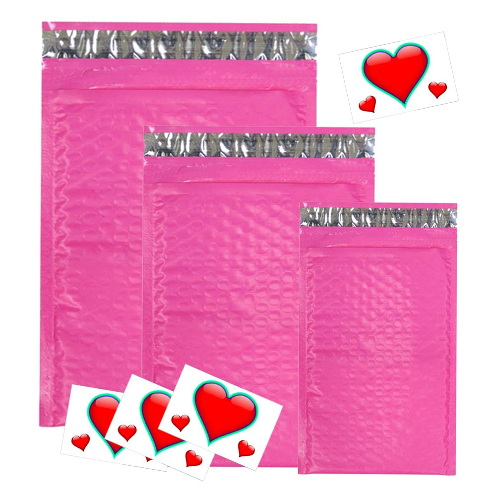 Assorted Sizes 8.5x12, 6x9, and 4x8 Hot Pink Poly Bubble Mailers with Heart Thank You Stickers