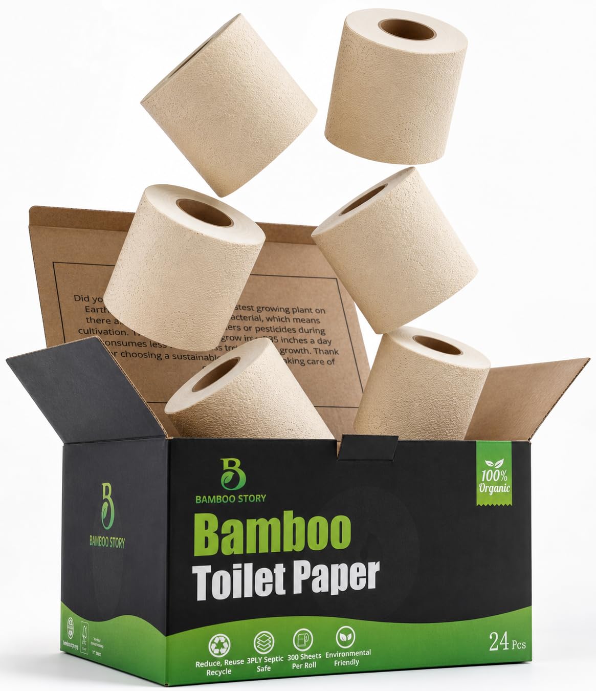 Bamboo Story Papel higiénico de bambú de alta calidad, sin blanquear, 24 rollos, 3 capas y 300 hojas, certificado FSC, sin blanqueador, sin PFA, sin químicos, sin plástico, sin BPA, papel higiénico