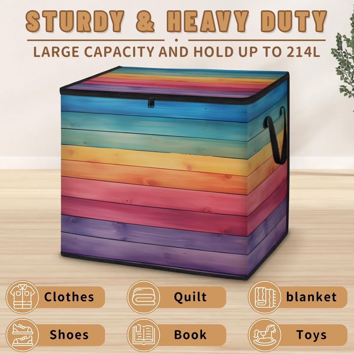 Honeybaby 214L Extra Large Comforter Storage Bag Rainbow Wood Grain Storage Totes with Lids Waterproof Closet Organizer Folding Blanket Storage Bags for Clothes Bedding Pillows
