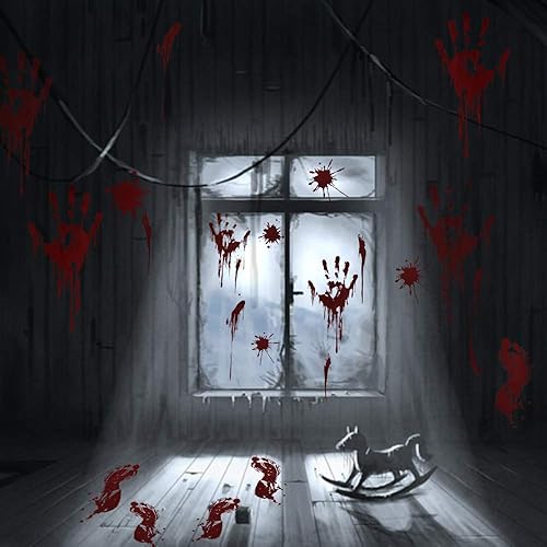 Miniatura 2 de Decoraciones de Halloween, 126 calcomanías de Halloween para ventana, 8 hojas de huellas de manos sangrientas, calcomanías de pared de Halloween con