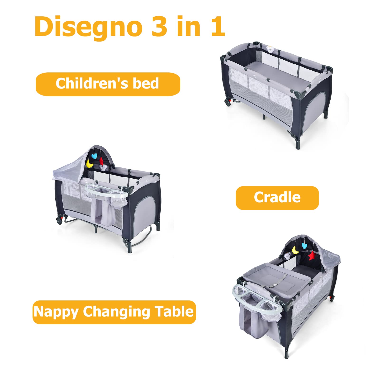 LIFEZEAL Lit Parapluie avec Matelas 2 Niveaux, Lit Pliant Bébé avec Sac de Rangement, Lit Bebe 0-36 Mois avec Table à Langer, Moustiquaire, Charge de 15 kg (Gris)