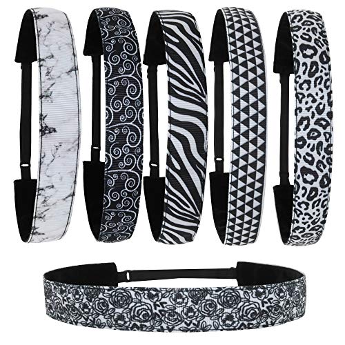 FROG SAC 6 Black and White Headbands For Girls, Adjustable Elastic Nonslip Headband Pack for Women, Grosgrain Fashion Sport Head Bands for Girl Party Favors, Marble Cheetah Leopard Yoga Hair Bands