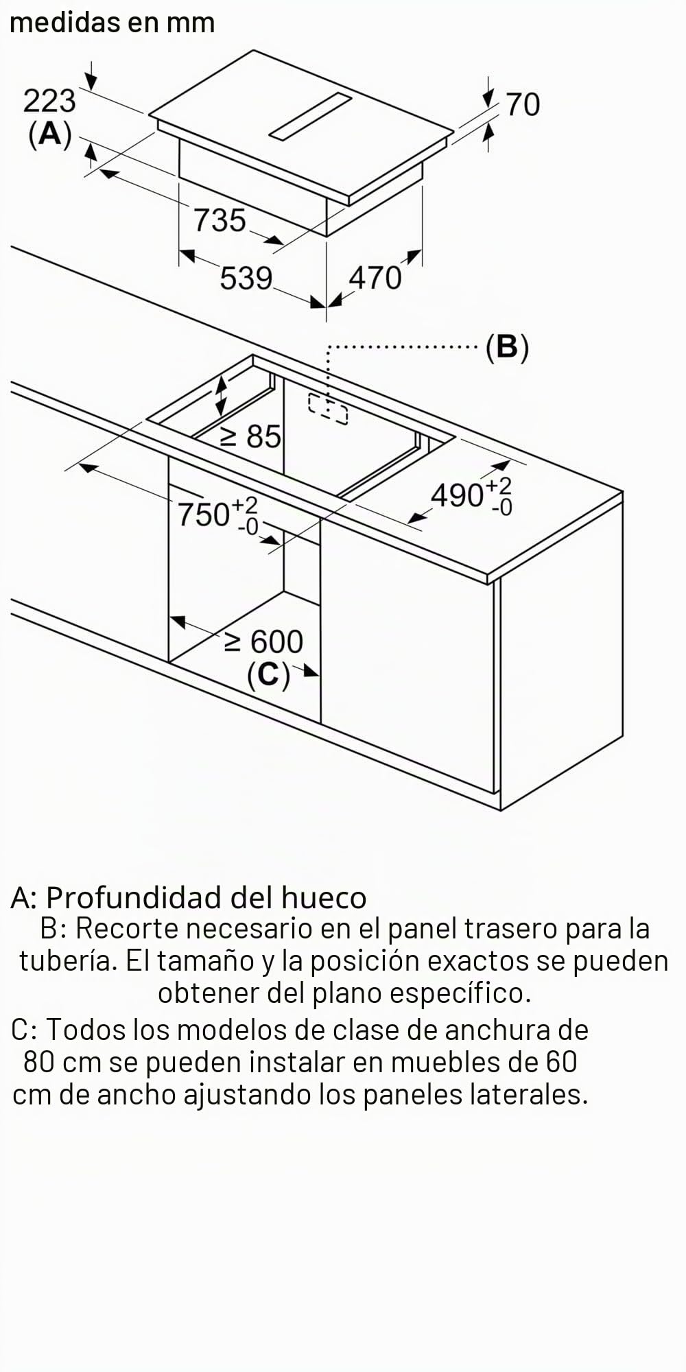 NEFF V58NBS1L0 N 50 - Placa de inducción con extractor integrado de 80 cm, extremadamente silencioso, sin marco, control táctil, inducción Combi, filtro de grasa fácil de limpiar, nivel de potencia