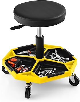 IRONMAX Rolling Mechanic Stool with Removable Tool Tray & Padded Cushion