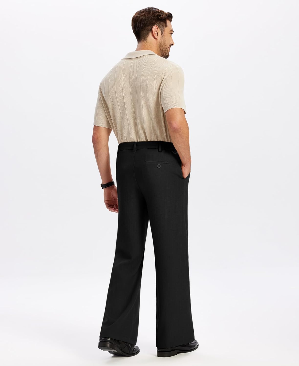 Susclude Mens Bootcut Casual Dress Pants Flared Wide Leg Old Money Pleated Elastic Waist Slacks Vintage Work Office Trousers