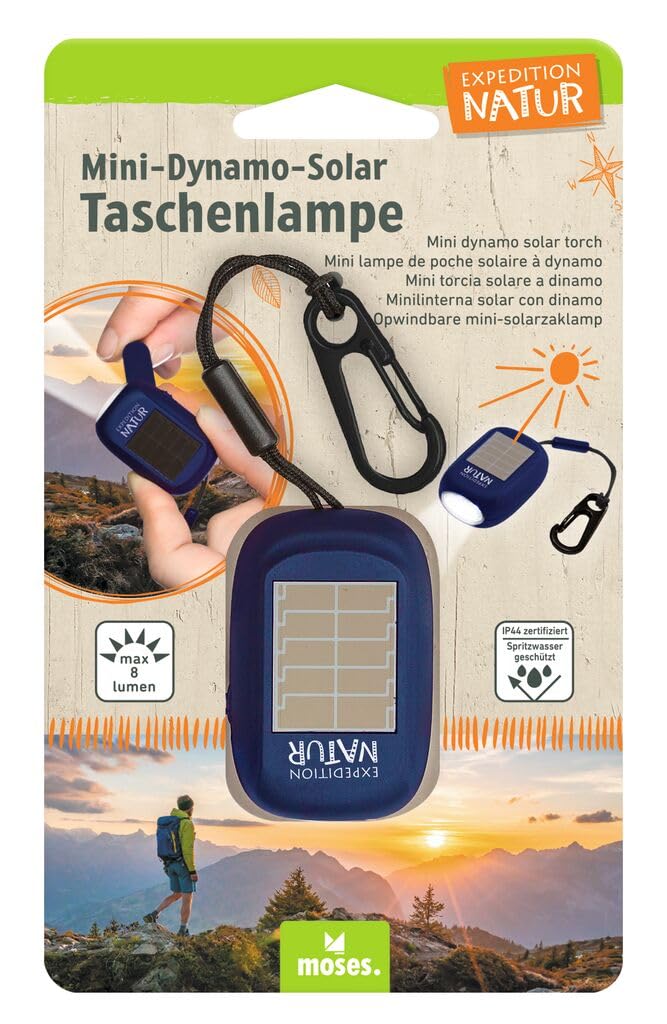 moses. Expedition Nature Mini Dynamo Solar Flashlight for Kids, Rechargeable Battery Flashlight with Hand Crank and Solar Panel, Crank Torch with 3 Bright LEDs and Hand Strap