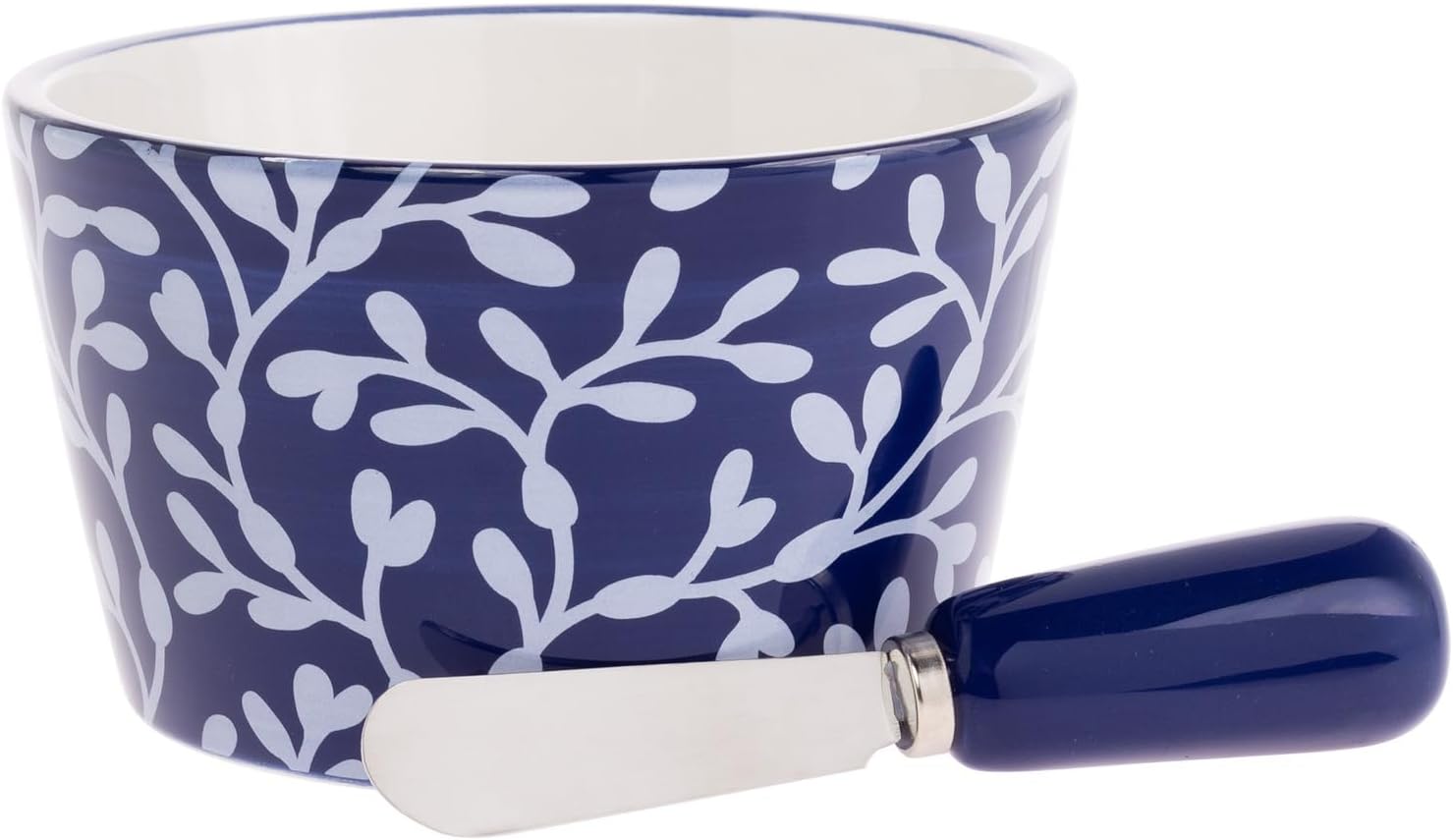 Boston International Small Ceramic Bowl and Spreader Serving Set, 14 Ounces, Navy Seaweed Garland