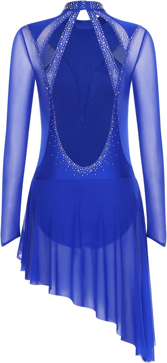 Hularka Women's Long Sleeve Figure Ice Skating Dress Irregular Hem Side with Fringe Leotard Bodysuit Dress