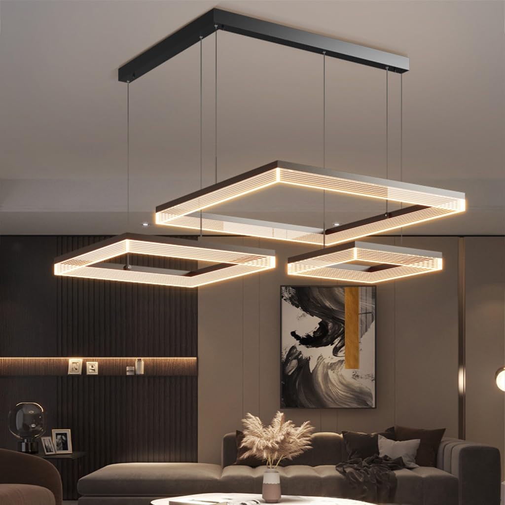 Dimmbarer moderner Kronleuchter 68W schwarzes Aluminium LED Acryl Kücheninselleuchte mit Fernbedienung Wohnzimmer große Beleuchtung quadratische Pendelleuchte für Schlafzimmer Restaurant Hotel