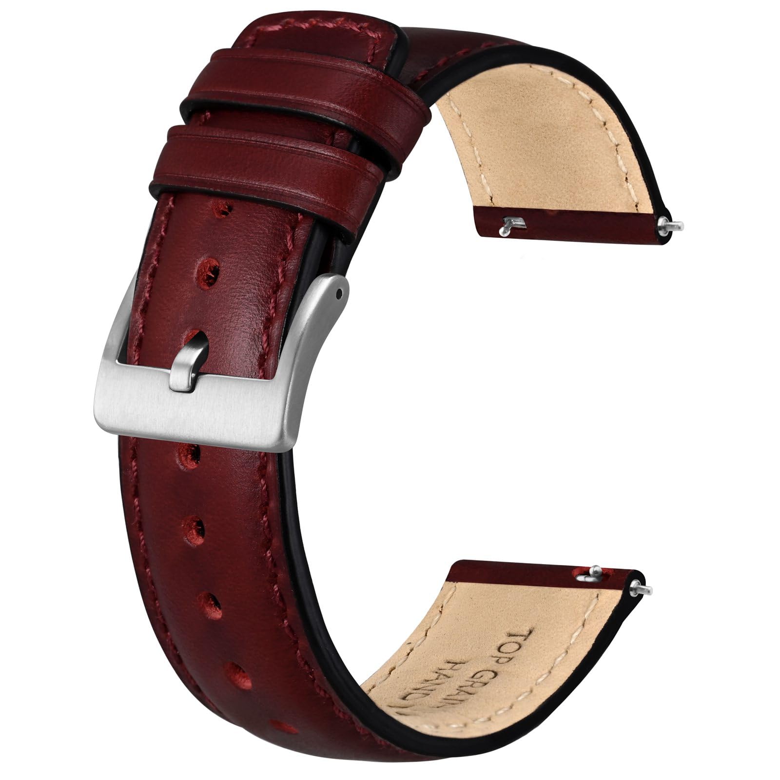 BISONSTRAP Leather Watch Strap for Men and Women, Oil Pull-Up Leather, Quick Release Replacement Bands, 20mm, Burgundy (Silver Buckle)