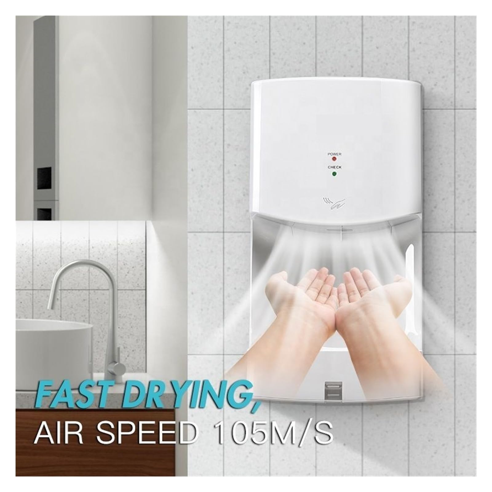 Secamanos Electrico, Secador de Manos automático, secador de baño de Alta Velocidad, máquina de Secado de Manos con Cubierta de plástico ABS Blanco montada en la Pared for baño(2632-Silver)