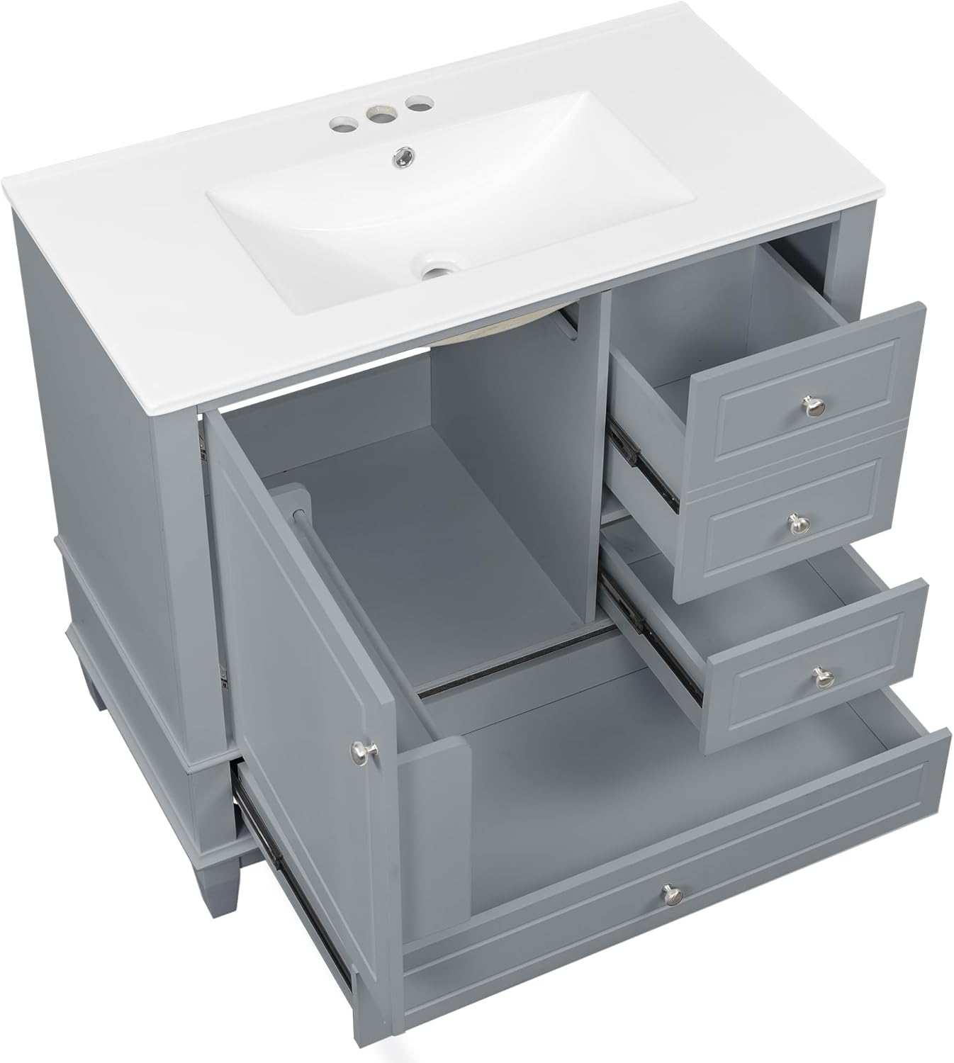 36-inch Bathroom Vanity with Ceramic Sink, MDF and Solid Wood Base, 3 Drawers and Cabinet with Shelves, White Painted Finish, self-Supporting Vanity Cabinet with pre-drilled 4-inch Faucet Hole (Gray)