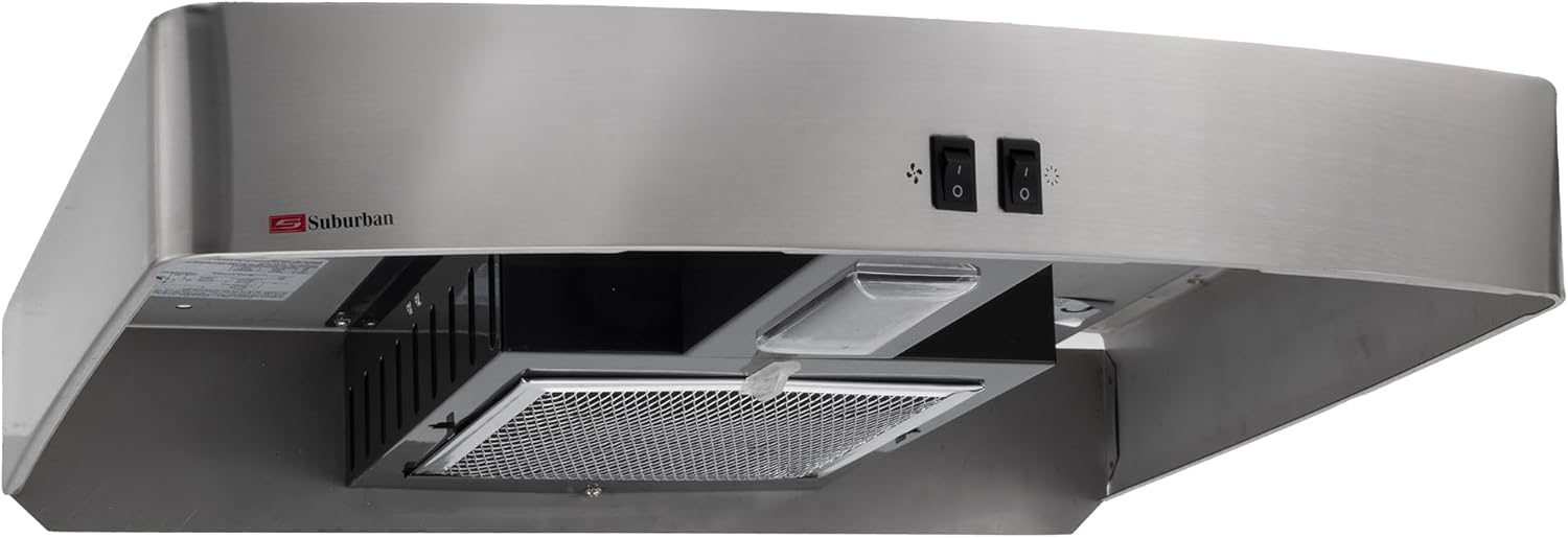 RecPro RV Suburban Range Hood with LED Light | 12V Non-Ducted Under Cabinet Vent Hood | Hardwired Installation | Grease Filter | Ideal for RVs & Campers (Black or Stainless Steel) (Stainless Steel)