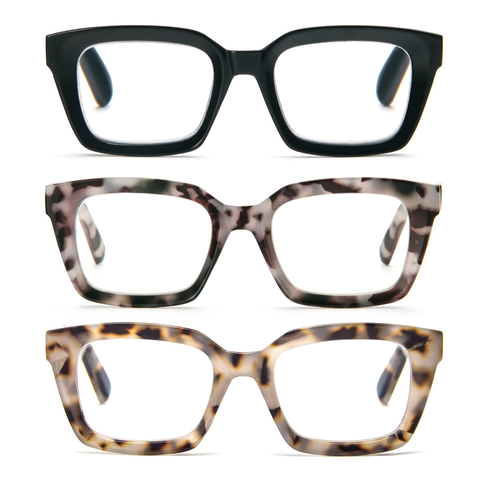 MMOWW Paquete de 3 gafas de lectura rectangulares - Gafas de gran tamaño con montura cuadrada anti luz azul para mujeres y hombres +2.0