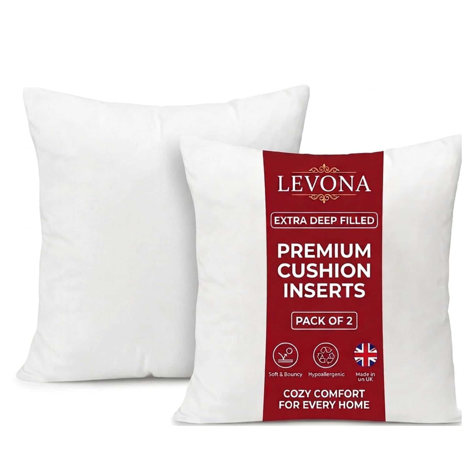 Levona Pack of 2 Cushion Inserts 45x45cm (18x18 Inch),outdoor cushions, Perfect Hollowfibre for Sofa Cushion Pads Cushion Supportive Bounce Back Comfort