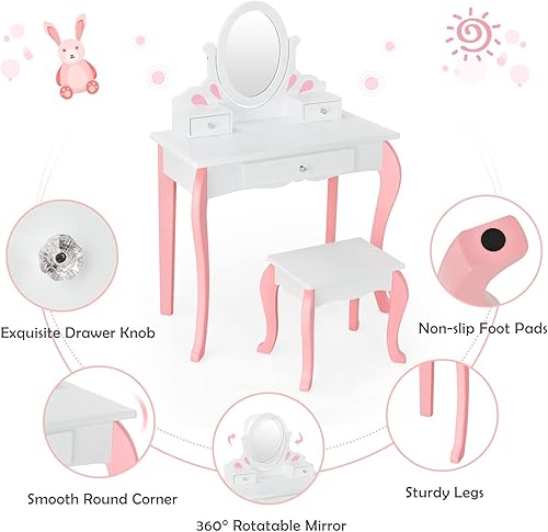 Miniatura 14 de HONEY JOY Juego de tocador y taburete para niños, juego de tocador para niños pequeños con 3 cajones, espejo ovalado giratorio de 360°, tocador de