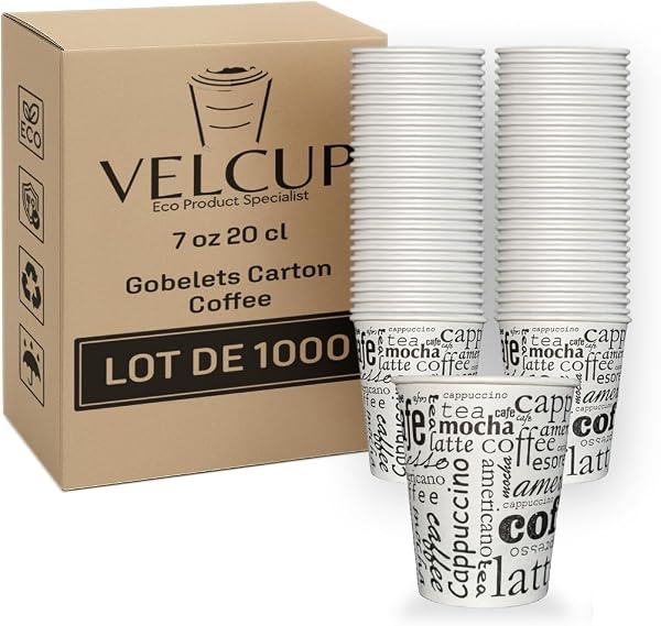 VELCUP Lot de 1000 gobelets jetables en carton design coffee 7 oz (200 ml / 20 cl) – renforcé 4,2 g par unité, résistants à la chaleur, idéals pour professionnels, cafés, bureaux et événements - 1