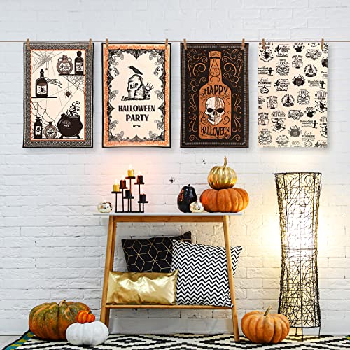 Halloween Dish Towels, Halloween Kitchen Bathroom Decor Cotton Dishtowel Set Halloween Kitchen Decorative Spooky Pattern For Halloween Party Restaurant Bedroom Decor, 16 X 24 Inches (4 Pieces) #TOP3