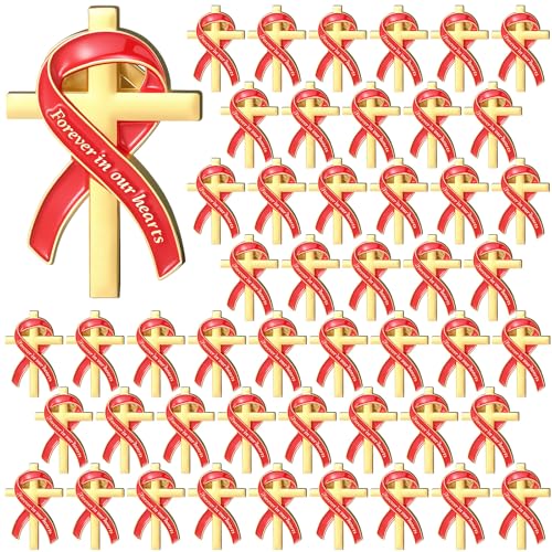 Image of Misdary Funeral Favors for Guests Funeral Memorial Pin Cross Ribbons Forever in Our Hearts Lapel Brooch Pin for Religious Christian Celebration of Life Mourning Remembrance Day
