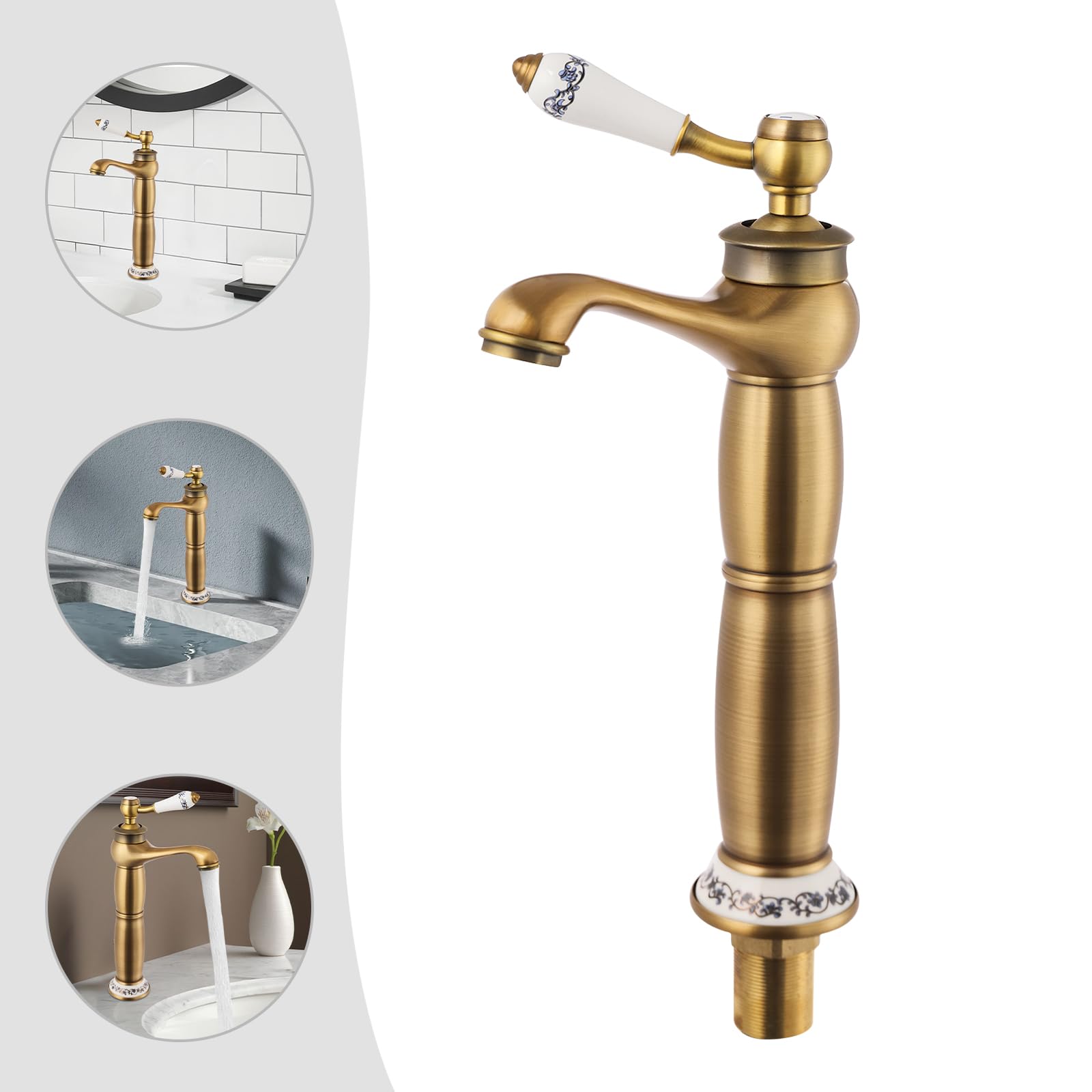 Robinet de salle de bain haut en laiton antique, rétro doré, mitigeur monocommande antique pour salle de bain, robinet de lavabo, eau froide et chaude