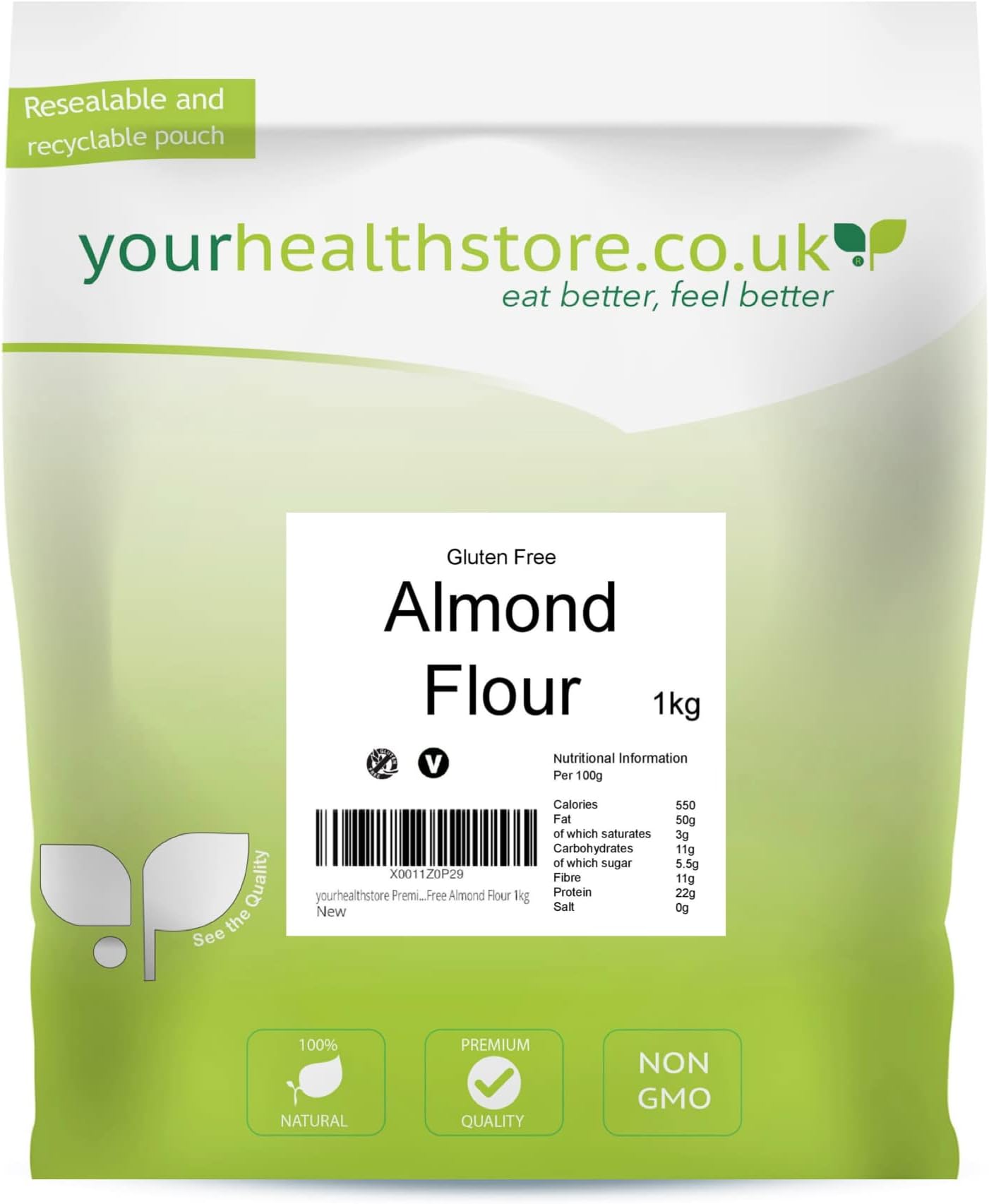 yourhealthstore® Premium, Gluten Free, Finely Ground Almond Flour 1kg, Non GMO, Keto, From Spain (Resealable and Recyclable Pouch).