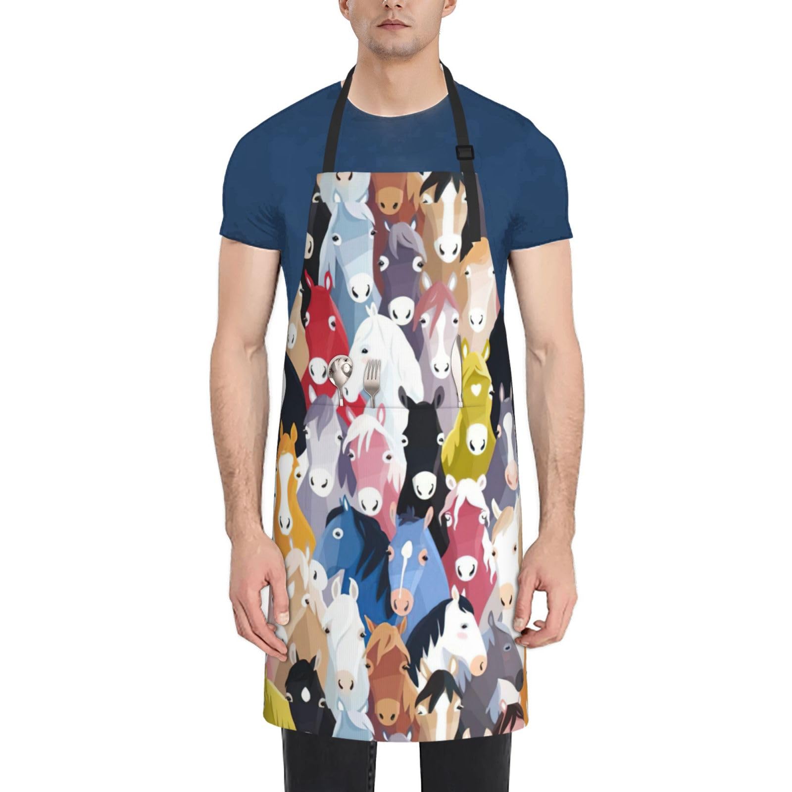 Colourful Cartoon Horses print Apron, Aprons with Adjustable neck Straps, Oxford Cloth Aprons for Cooking Baking, Black, One Size, Black, One Size