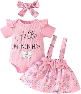 LUVCES Conjunto Faldas para Niña Recién Nacida Manga Corta Top con Volantes+ Estampado Floral/Oso Vestido con Tirantes +Di...
