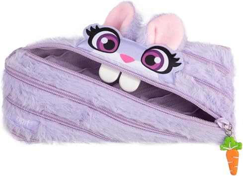 ZIPIT Bunny Pencil Case for Girls, Cute Zipper Pouch Gift for Kids,Purple | One long zipper pouch with wide opening, holds 30 pens & pencils, durable easy-care polyester, great gift for girls & teens