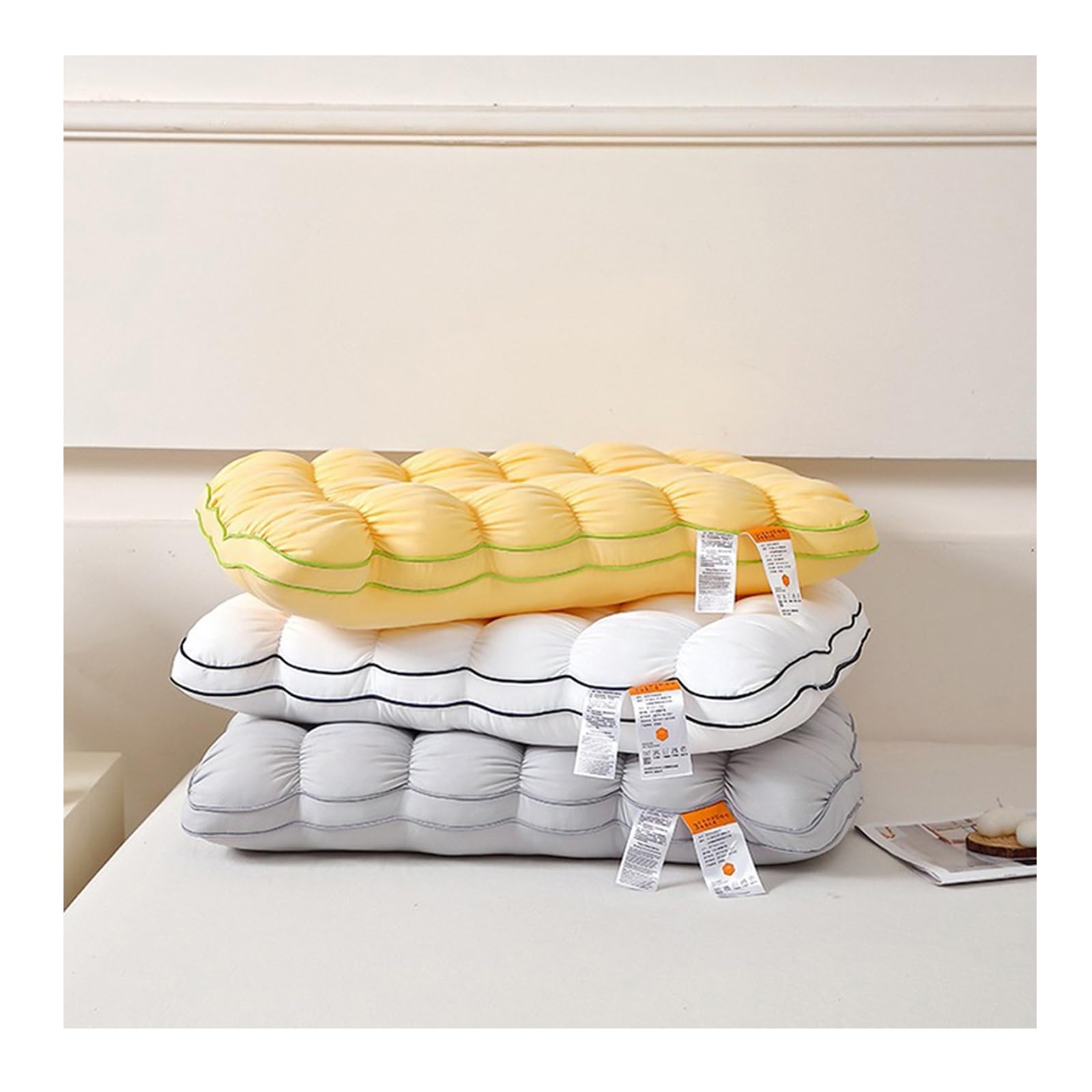 Cooling Mellow Puff Low Medium High Profile Pillow, 3D Zoned Quilted Cloud Pillow for Neck Pain Relief, Breathable Marshmallow Bed Pillow, Size 48x74cm, Suitable for Side Back Stomach (yellow low)