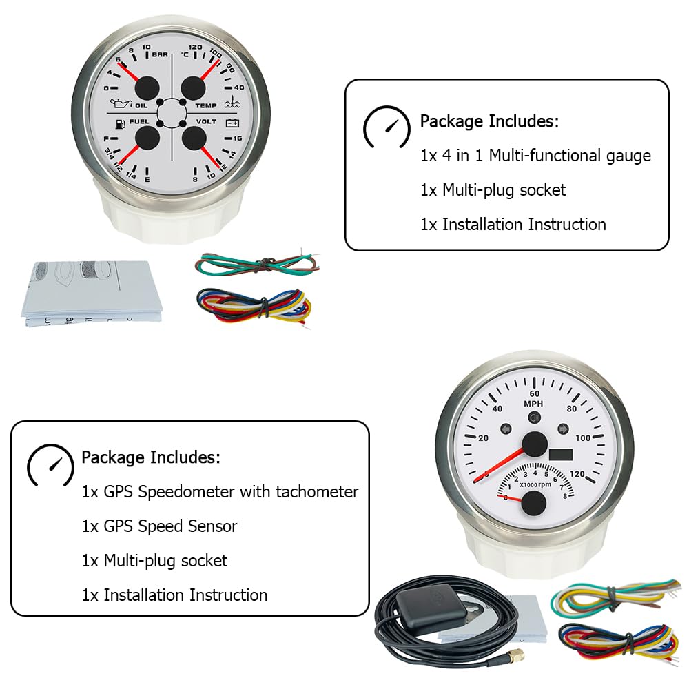Medidor Tacómetro Voltímetro Medidor de Nivel de Combustible Odómetro 85 mm con 8000 RPM con 4 en 1 10 Bar Presión de Aceite 12 V con para veleros Marinos