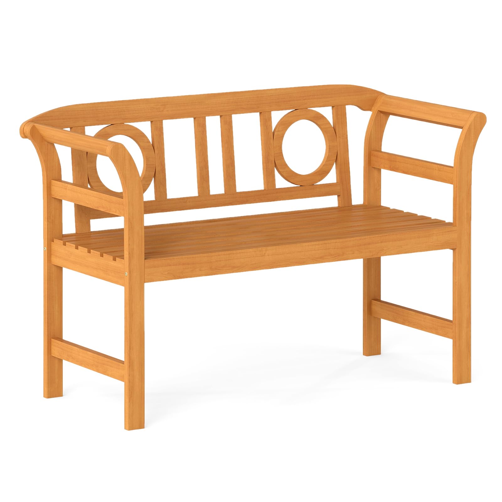 COSTWAY 2-Person Garden Bench, All-Weather Wooden Patio Loveseat Park Bench Chair with Armrests, Outdoor Furniture Leisure Porch Seating (118 x 50 x 78cm, Circular & Striped Pattern)