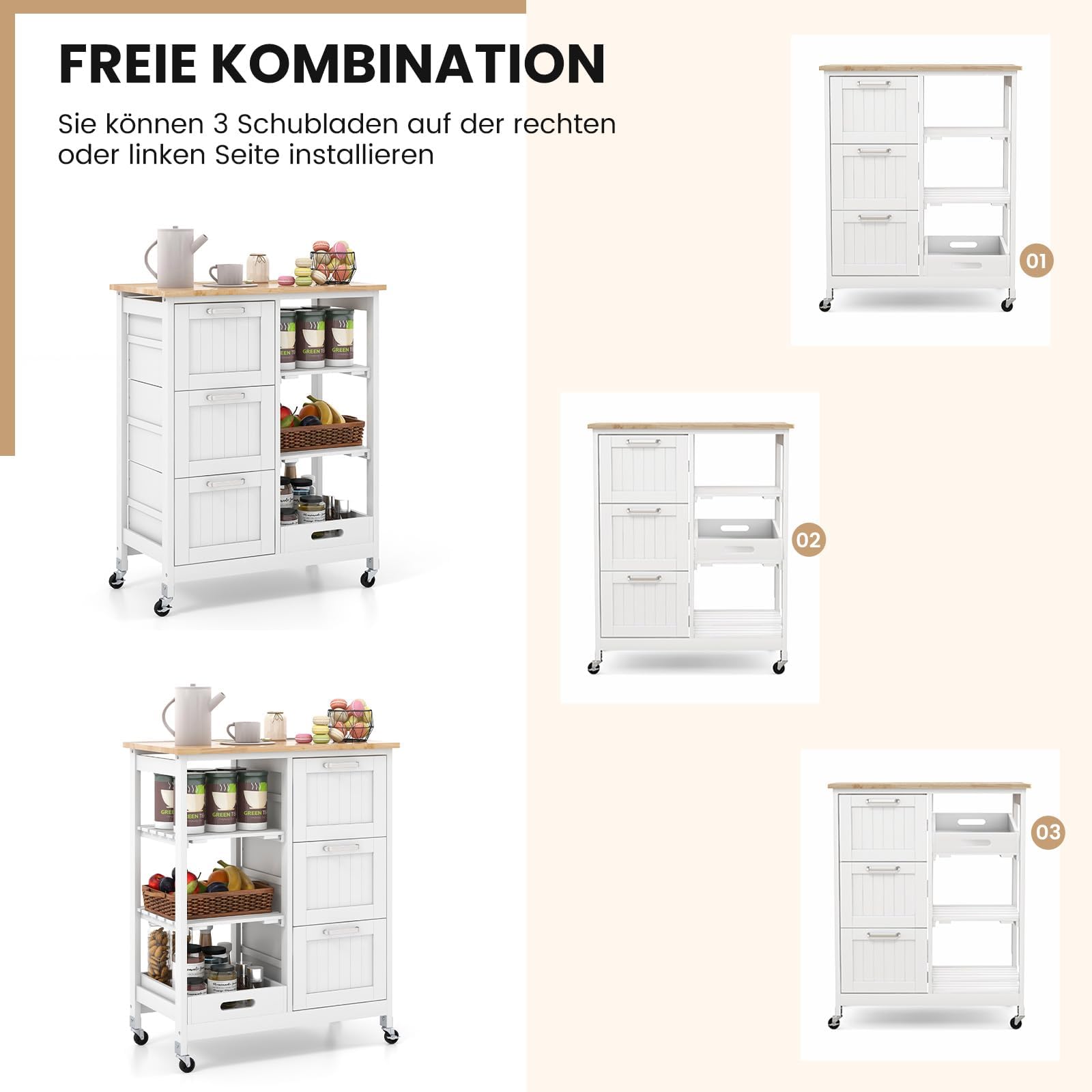 FANTASK Armoire de Cuisine avec 3 Grands tiroirs, Plateau et 2 Niveaux étagère de Rangement, îlot de Cuisine, Chariot de Service à roulettes, Chariot de Cuisine en Bois d'hévéa, 67 x 37 x 82,5 cm