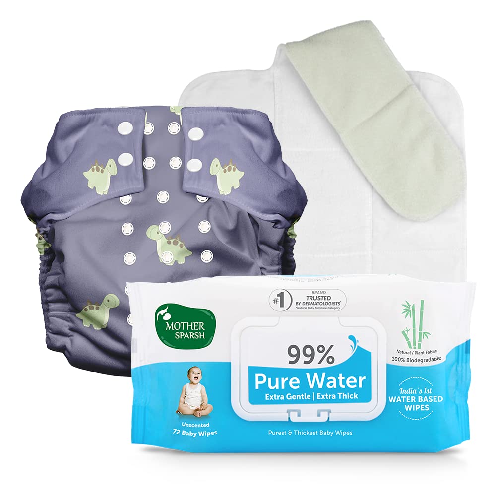 Mother Sparsh Plant Powered Cloth Diaper with FREE 99% Pure Water Baby Wipes (72Pcs) | Reusable Cloth Diaper for Babies with Built in Booster Pad (Dipo) | Unscented Baby Wipes