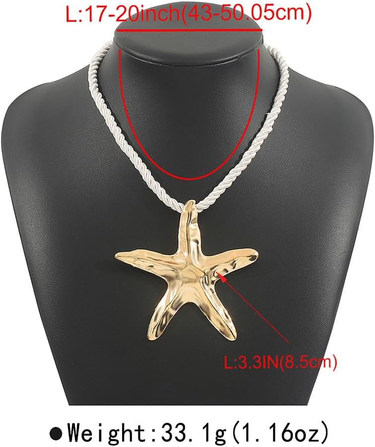 Dtja Large Starfish Pendant Necklace for Women Girls Handmade Hammered Star Shaped Ocean Sea Marine Life Rope Chain Adjustable Necklaces Fashion Chic Beach Holiday Party Jewelry 20" - Image 6