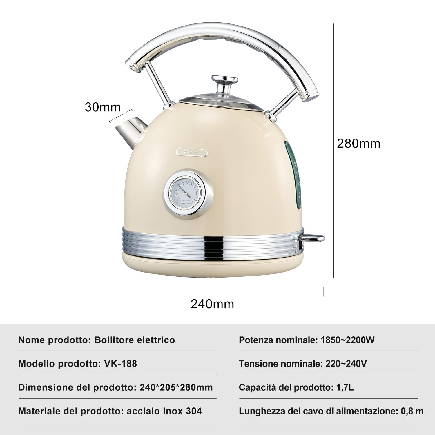 Wiltal Bollitore elettrico retrò, in acciaio inox, 2200 W, 1,8 litri, ideale per tè, caffè, alimenti per bambini, senza BPA