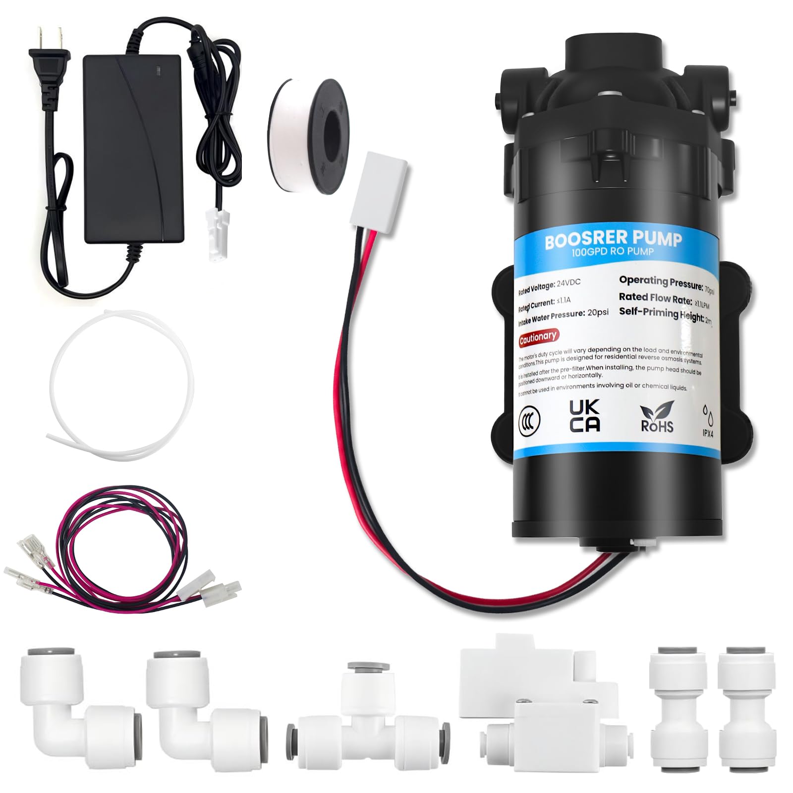 Kit de bomba de refuerzo RO para el hogar, bomba de refuerzo de ósmosis inversa RO para sistema de filtro de agua, filtro de agua de 100 GPD, incluye bomba, interruptor de presión, transformación