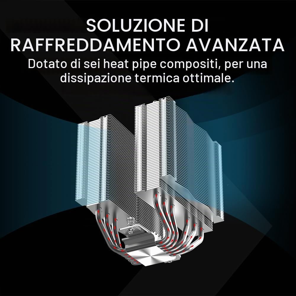 Dissip. Aria SAMA A60E, Doppia Torre, 6 Heatpipe, 265W, Intel/AMD, Argento