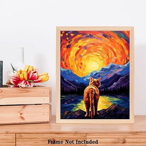 Miniatura 7 de Bestbuddy Pet 11x14 noche estrellada sin marco gato americano de pelo corto mirando más allá de las montañas meditación paz mascota familia pintura